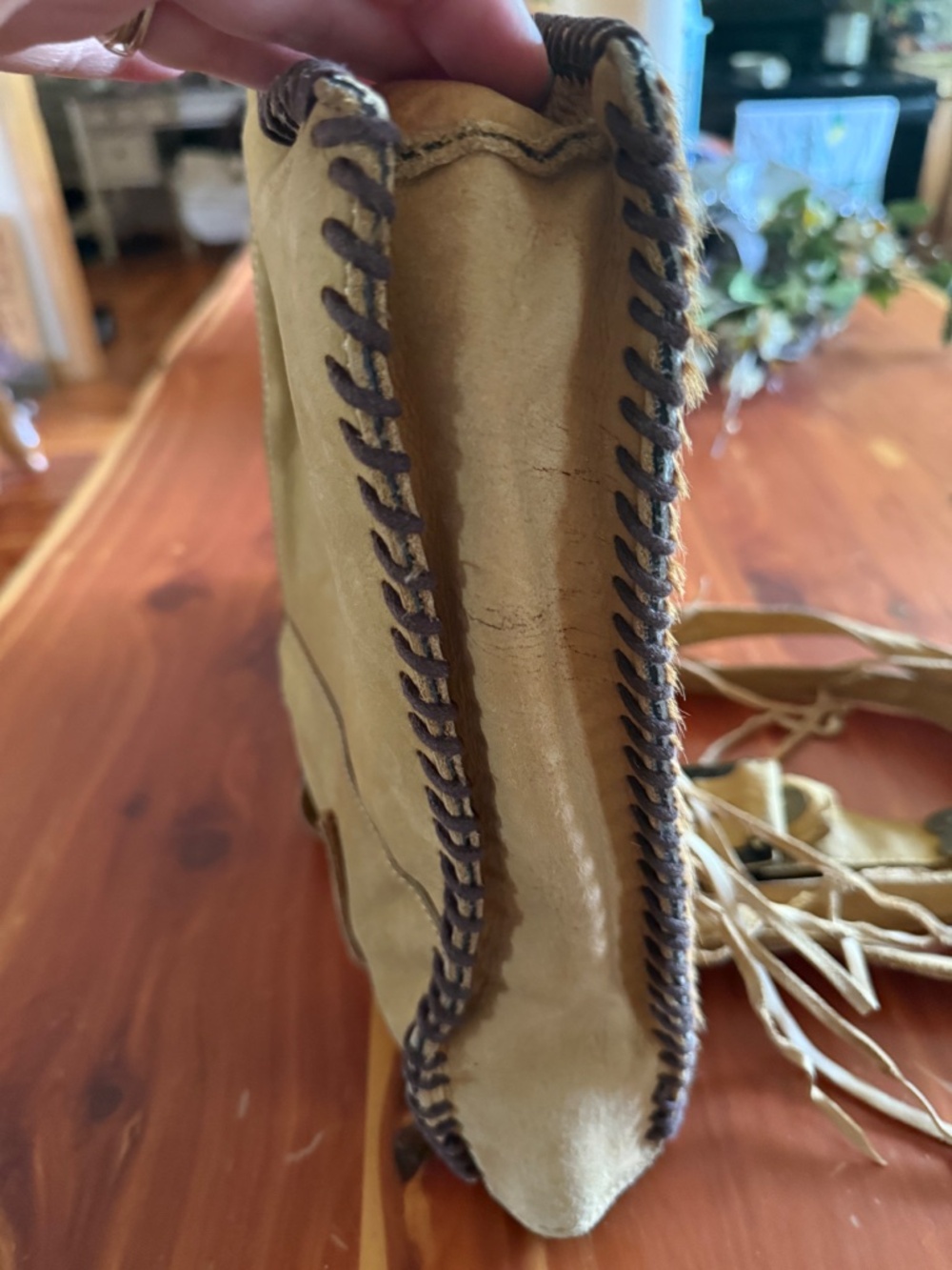 hand made leather cowhide tooled stitched fringe tote - Picture 3 of 9